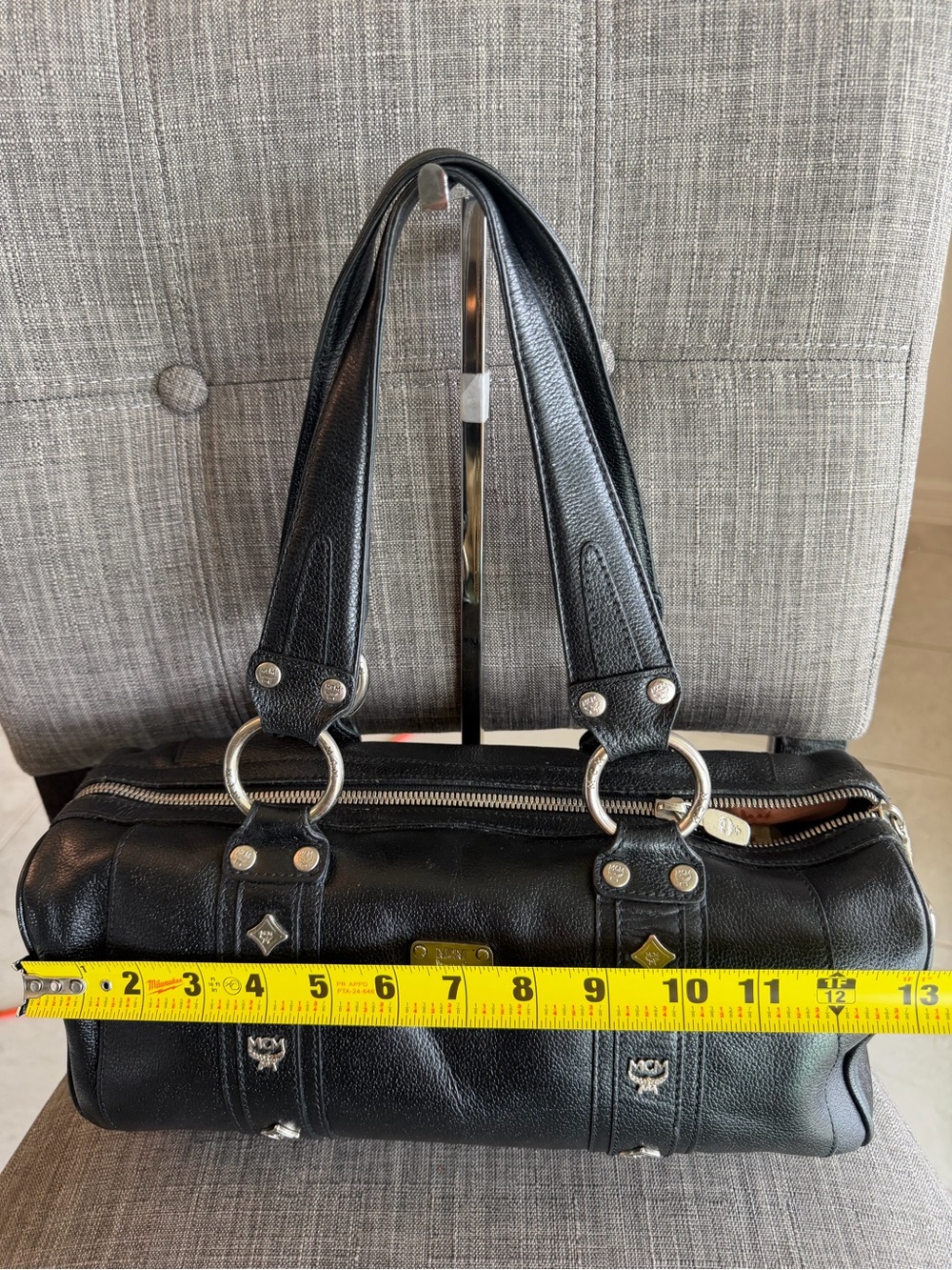 MCM Black Leather Barrel Shoulder Bag with Silver Accents - Picture 5 of 12